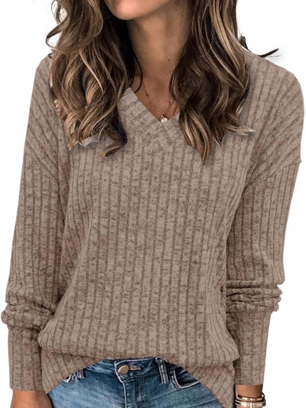 Women's Ultra Soft V-Neck Ribbed Sweater - Beige, Size Large